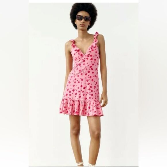 NWT Zara Floral Ruffle Linen V-Neck Mini Dress Pink/ Red Sz S - Picture 2 of 14
